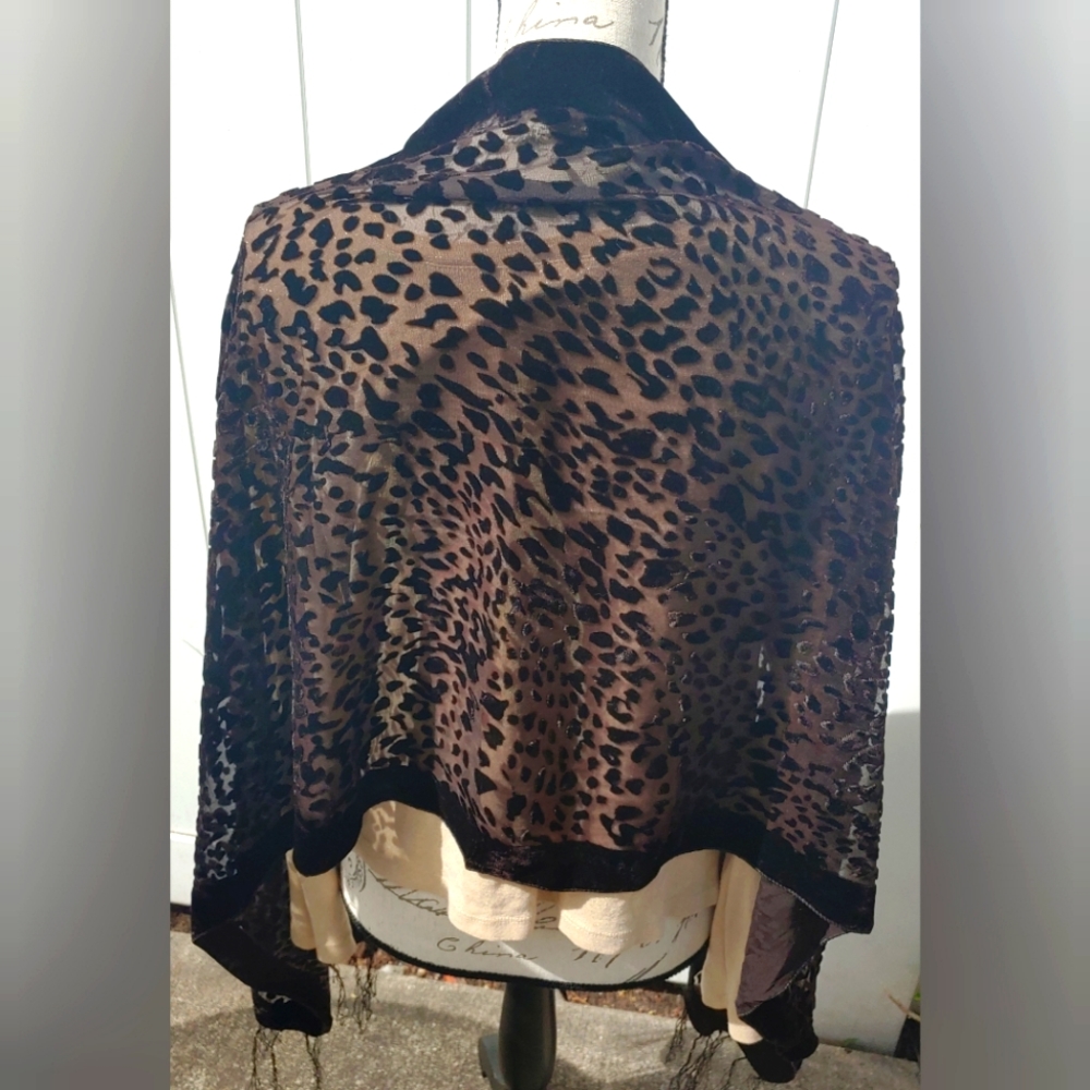 LAST ONE, restock!✨ Brown Silk Viscose Burnout Velvet Fringe Scarf Leopard - Picture 2 of 4